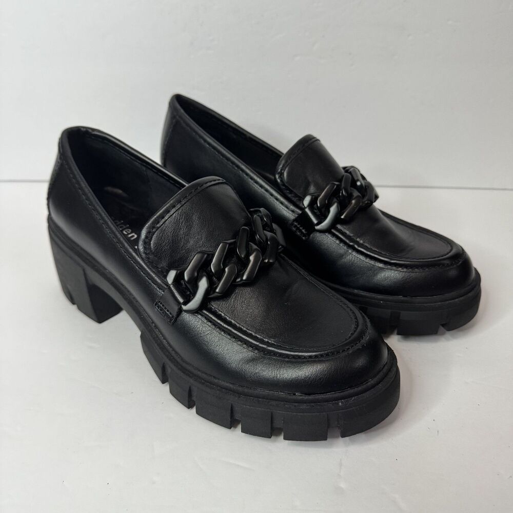 Madden Girl Hoxtonn Shoes Womens 6.5 Medium Black Chunky Platform Chain Loafers